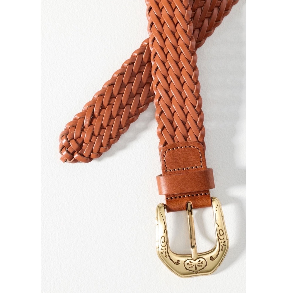 Anthropologie Belt Western Gold Buckle NWT Sz M‎ Tan Brown Braided Leather $98